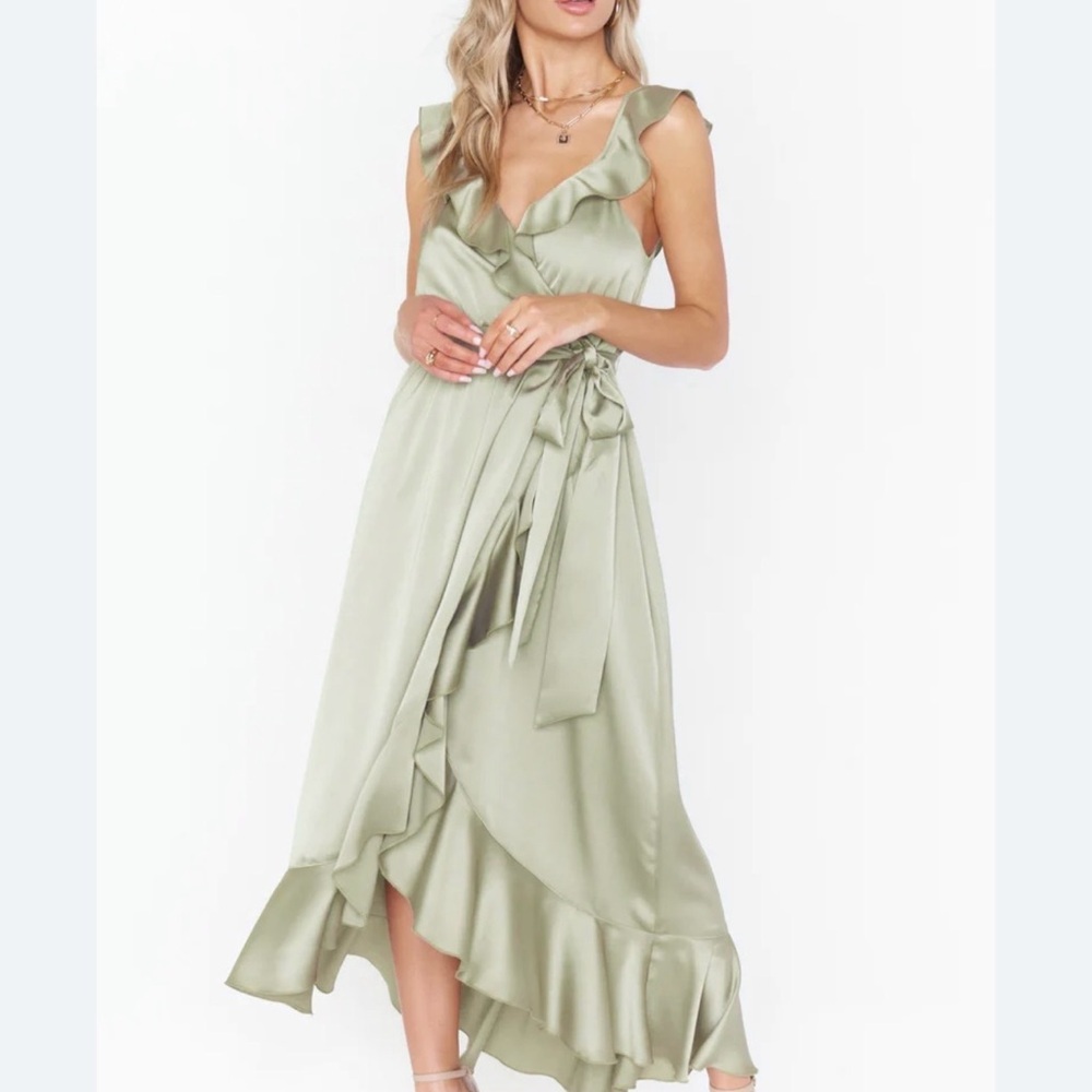 Show Me Your MuMu Savannah Ruffle Wrap Dress in Sage Green Size Medium